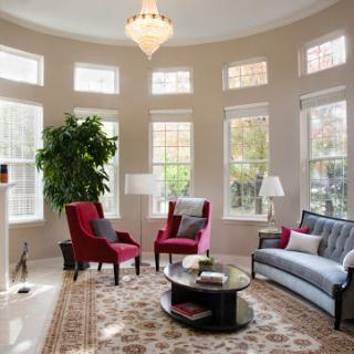 A beautifully designed living room featuring large windows, stylish furniture, and a touch of greenery.