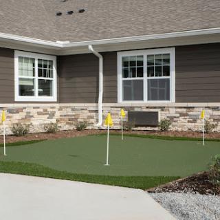 A well-maintained putting green installed in a residential yard, designed for practicing golf skills.