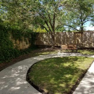 A serene backyard garden with a curved pathway, lush trees, and a wooden bench.