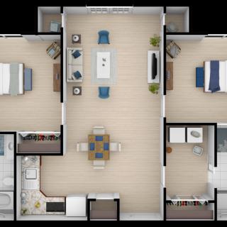 A modern 2-bedroom apartment floor plan featuring a spacious living room, kitchen, and dining area.