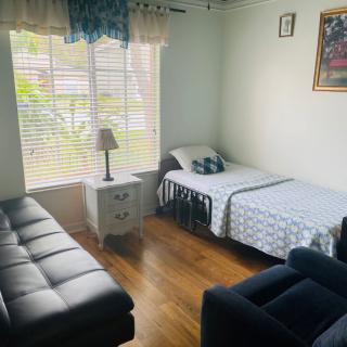A cozy bedroom with a single bed, sofa, armchair, and a lamp by the window.