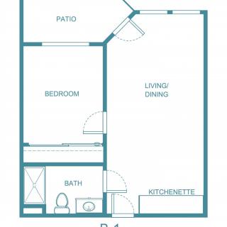 Studio apartment floor plan with a living area, bedroom, bathroom, kitchenette, and patio.