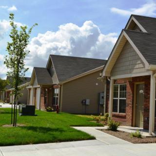 A row of suburban houses with neatly maintained lawns and driveways on a sunny day.