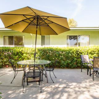 A sunny patio area with a table, chairs, and a large umbrella, surrounded by greenery.