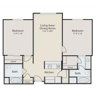 A floor plan of a two-bedroom, two-bathroom apartment with a living and dining area.