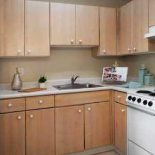A modern kitchen with wooden cabinets and a white stove.