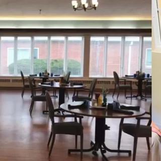 An empty dining area with round tables and neatly arranged chairs.