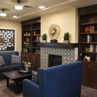 A cozy and modern living room with blue sofas, a fireplace, and built-in shelves.