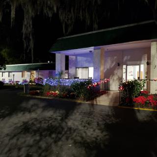A brightly lit building at night, surrounded by colorful flowers.
