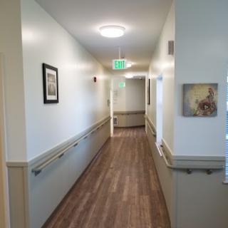 A serene and well-lit hallway in a healthcare facility, adorned with framed artwork.