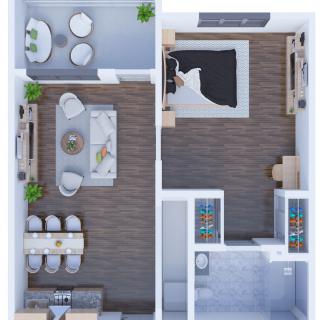 A cozy apartment floor plan featuring a living room, kitchen, dining area, bedroom, and a small balcony.