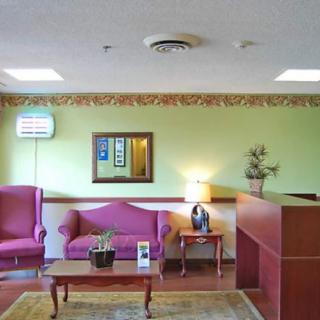 A cozy waiting area with vintage furniture, including a sofa and armchairs, a table with a plant, and a lamp adding warm lighting.