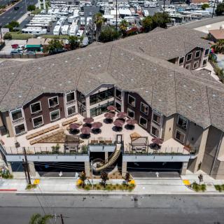 Aerial view of a residential building complex.