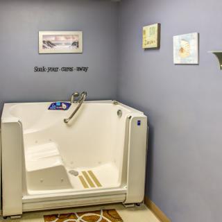 A well-designed bathroom featuring a walk-in bathtub for accessible and comfortable bathing.