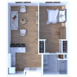 A modern one-bedroom apartment floor plan with an open living area and kitchen.