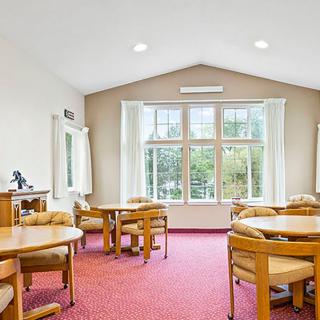 A well-lit room with wooden tables and chairs, featuring large windows and a red carpet.