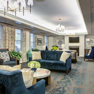 A modern living room with elegant blue sofas, decorative plants, and chandeliers.
