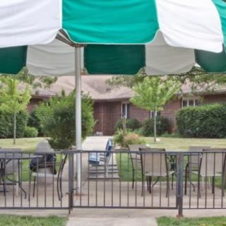 An outdoor patio with chairs and tables under a green and white umbrella, surrounded by greenery.