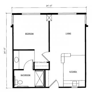 A floor plan depicting the layout of a one-bedroom apartment with a kitchen, living room, bathroom, and bedroom.
