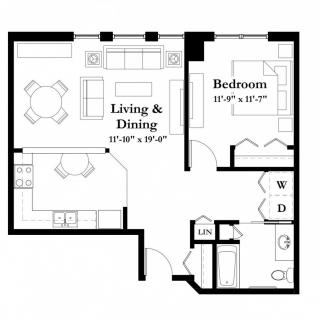 A floor plan of a one-bedroom apartment featuring a living and dining area, kitchen, bedroom, bathroom, and laundry space.