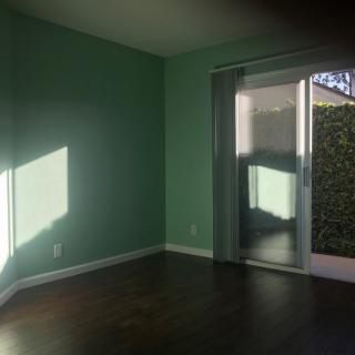 An empty room with green walls and a hardwood floor, featuring sunlight streaming through a sliding glass door.