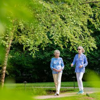 Two people walking together in a lush, green park.