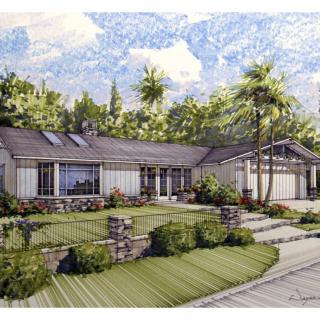 A suburban bungalow with well-maintained landscaping and a clear sky backdrop.