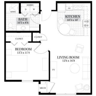 One-bedroom apartment floor plan with kitchen, living room, and bathroom.