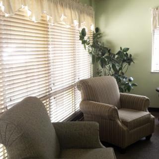 A cozy corner of a living room featuring two comfortable chairs, light filtering through window blinds, and a small indoor plant.