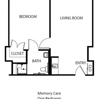 A memory care unit floor plan featuring one bedroom, a living room, bathroom, closet, and entry.
