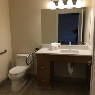 A bathroom featuring a sink, toilet, and mirror with overhead lighting.
