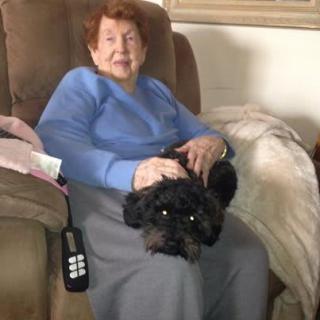 An elderly woman sitting comfortably in a living room with a small black dog resting on her lap.