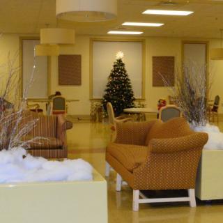 A cozy lounge area decorated for the holidays with a Christmas tree and comfortable seating.