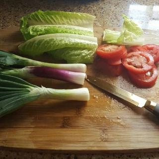 Fresh vegetables including lettuce, spring onions, and sliced tomatoes on a cutting board.