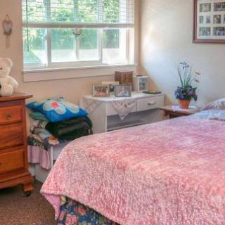 A cozy bedroom with a pink bedspread, wooden dresser, and a window bringing in natural light.