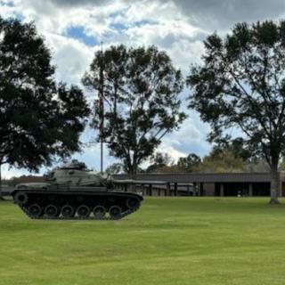 A military tank is parked on a grassy field surrounded by trees under a cloudy sky.