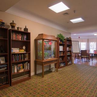 A cozy library with bookshelves, a glass display case, and a well-lit reading area.