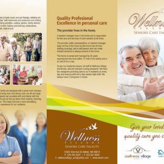 A brochure promoting wellness and healthcare services for elderly individuals in a caring community setting.
