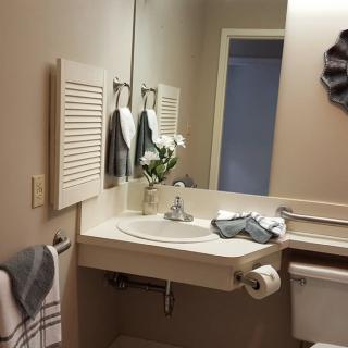 A tidy bathroom with a sink, mirror, and decorative flowers.