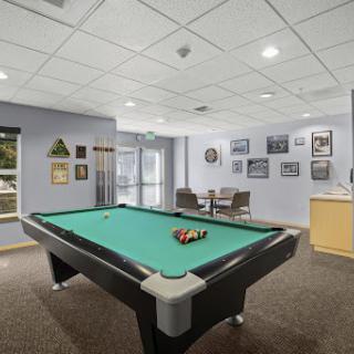 A cozy game room featuring a pool table and comfortable seating, perfect for relaxation and socializing.