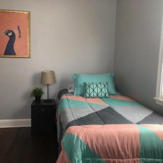 A modern bedroom with a single bed, colorful bedspread, lamp, and wall art.