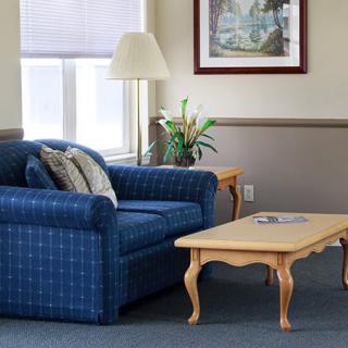 A cozy living room with a blue plaid sofa, wooden coffee table, and decorative elements.