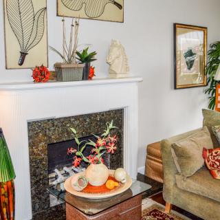 A cozy living room featuring a stylish fireplace, adorned with artwork and plants.