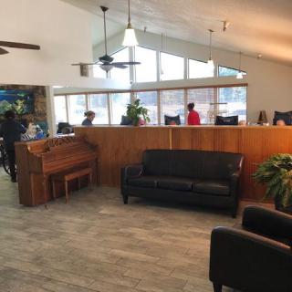 A lobby area with seating, a reception desk, and indoor plants.