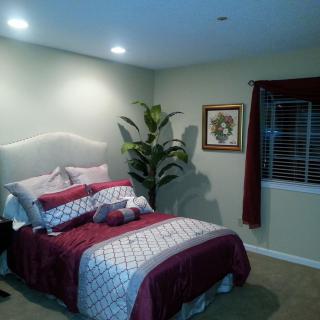 A cozy bedroom with a neatly made bed, plant, and wall art.