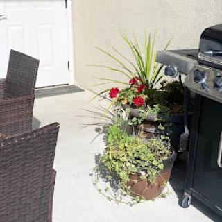 A cozy outdoor patio setup featuring a barbecue grill and vibrant flower planters.