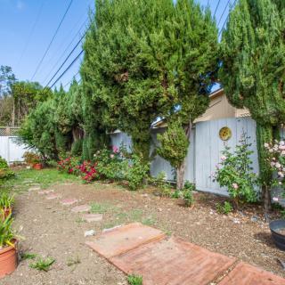 A peaceful garden with a pathway, lush trees, and vibrant plants.
