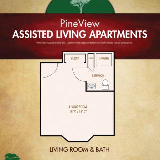 Floor plan of a PineView Assisted Living Apartment featuring a living room and bath.