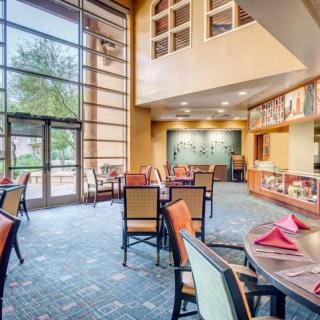 A modern restaurant interior with large windows, natural lighting, and neatly arranged tables.