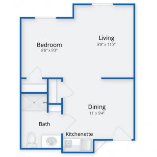 Floor plan of a one-bedroom apartment with living, dining, kitchen, and bath areas.